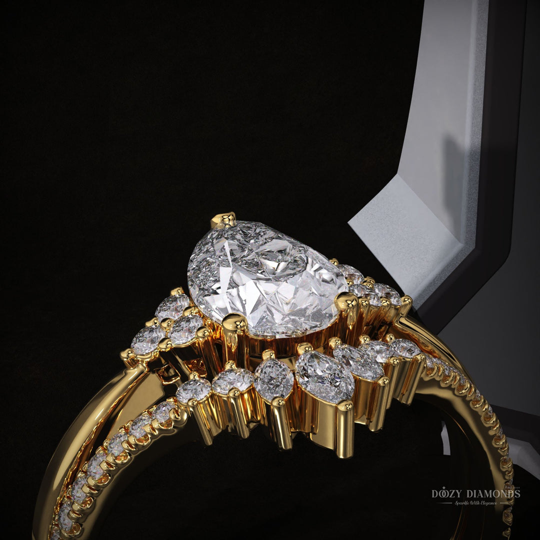 Pear Cluster Lab Grown Engagement Ring With Curved Diamond Stacking Band