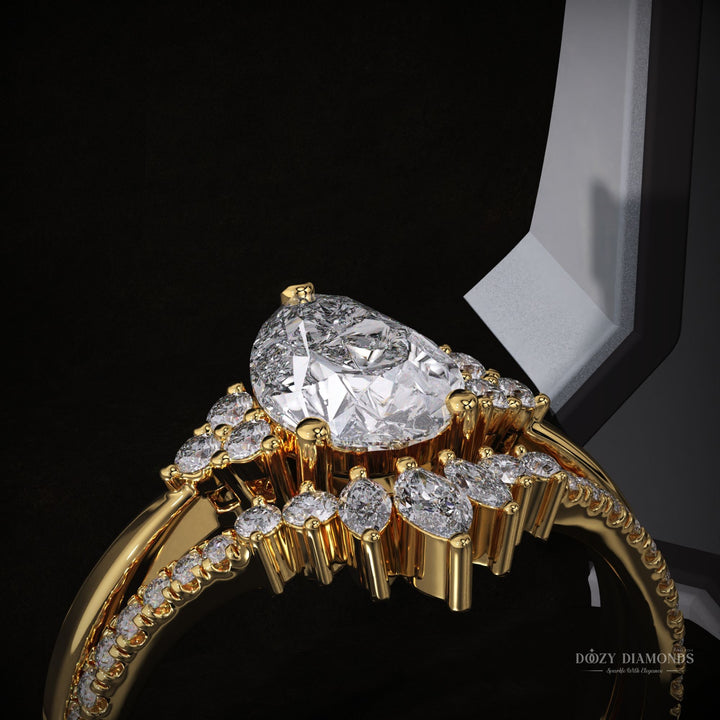 Pear Cluster Lab Grown Engagement Ring With Curved Diamond Stacking Band