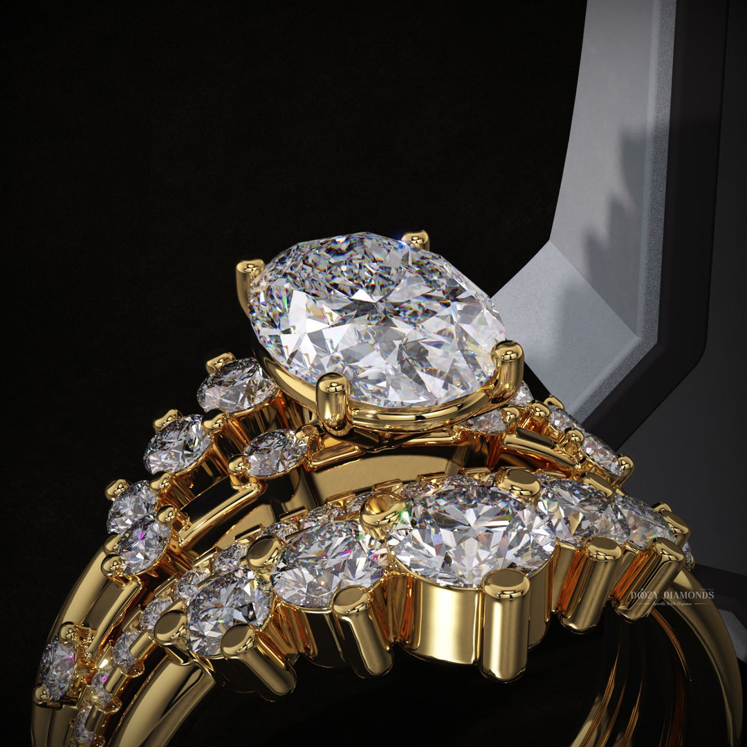 Oval Lab Grown Pave Engagement Ring & Three Curved Wedding Band