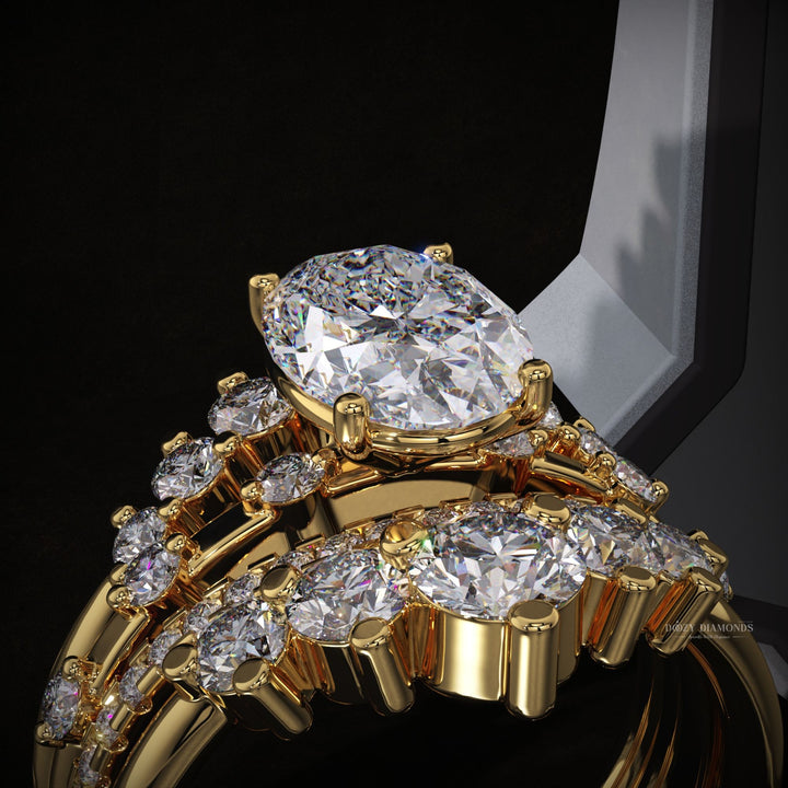 Oval Lab Grown Pave Engagement Ring & Three Curved Wedding Band