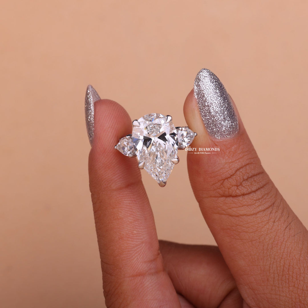 4.0ct-6.0CT Pear E/F Color Diamond Lab Grown Three Stone Engagement Ring