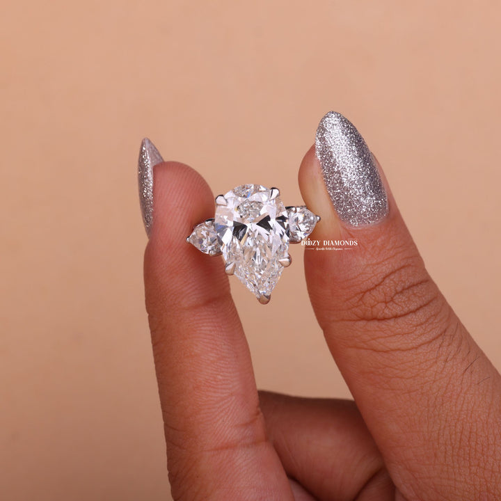 4.0ct-6.0CT Pear E/F Color Diamond Lab Grown Three Stone Engagement Ring