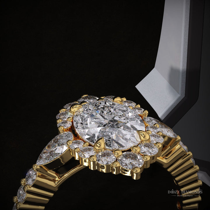 Oval Lab Grown F/VS1 Diamond Cluster Halo & Pave Engagement Ring