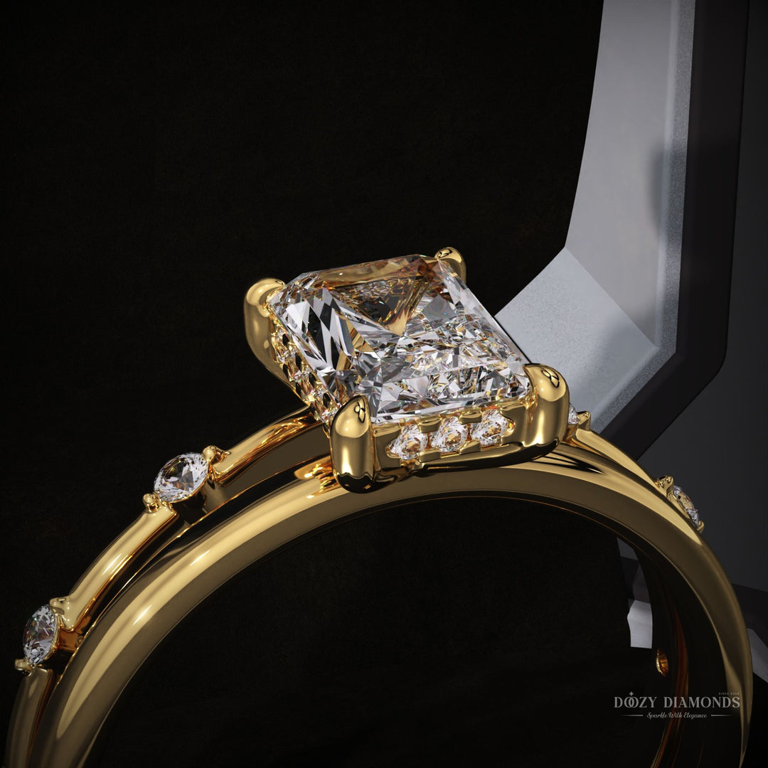 Radiant Lab Grown Diamond Hidden Halo Engagement Ring With Distance Pave Band