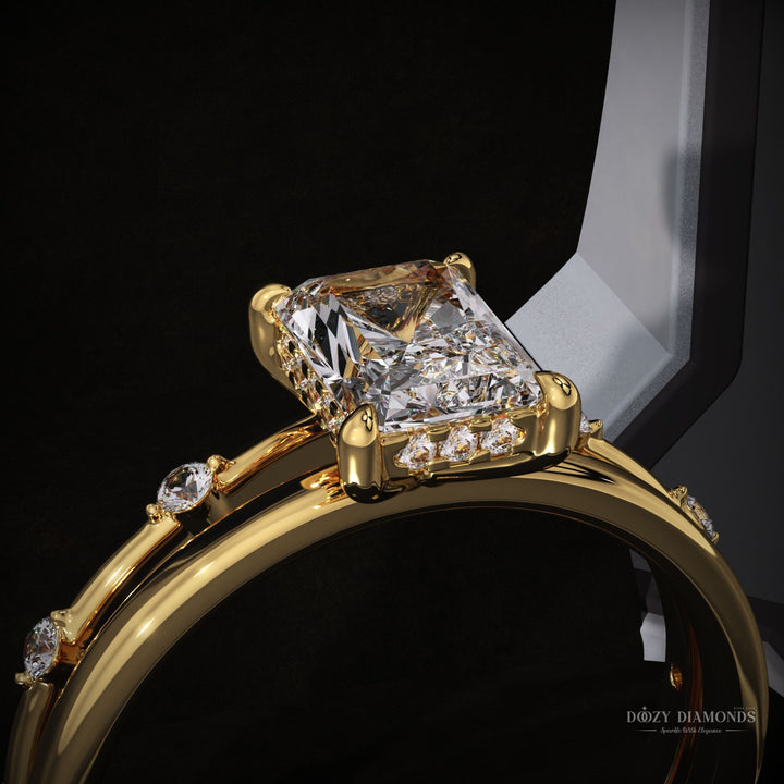 Radiant Lab Grown Diamond Hidden Halo Engagement Ring With Distance Pave Band