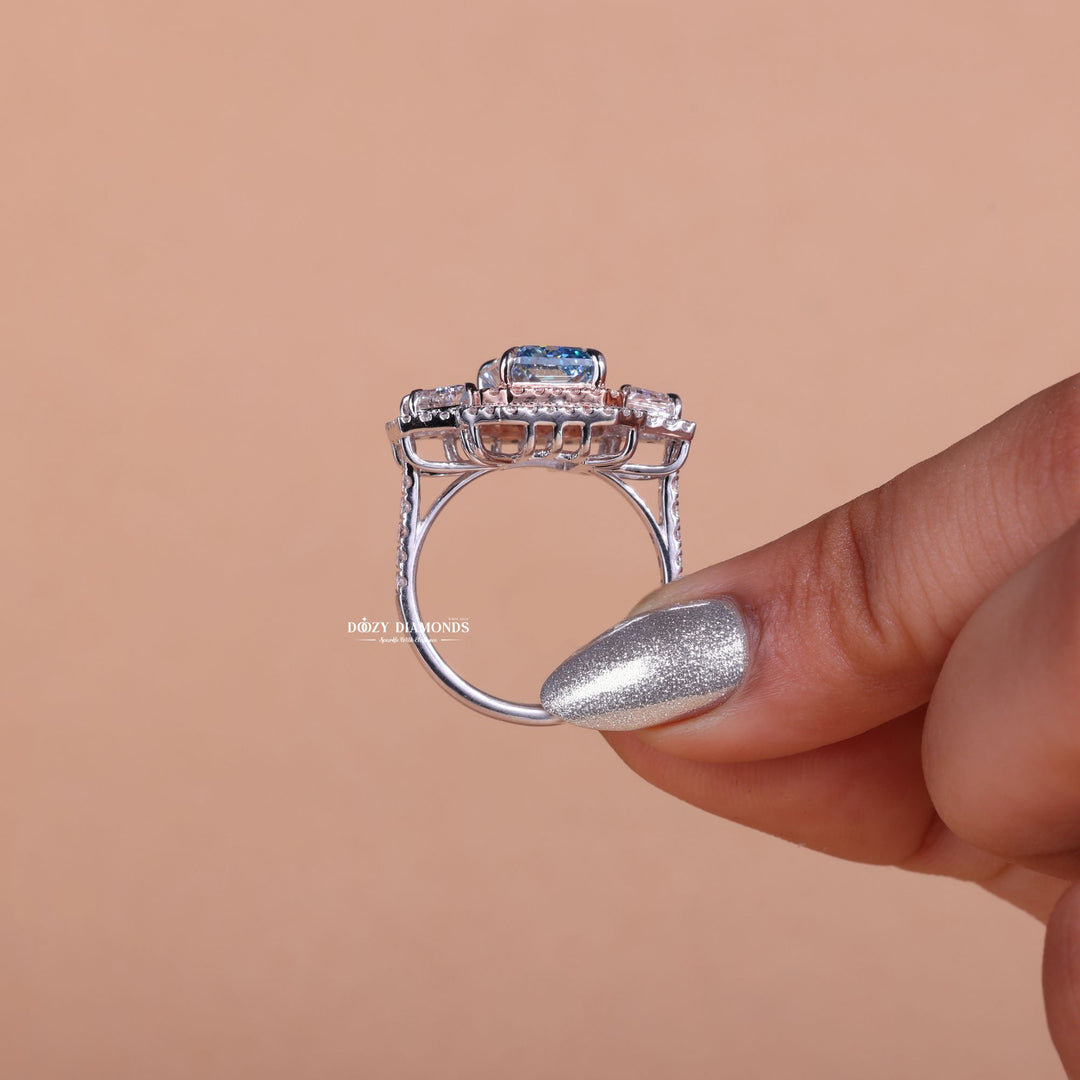 1.50CT-2.50CT Cyan Blue Radiant F/VS1 Diamond Double Halo Unique Engagement Ring
