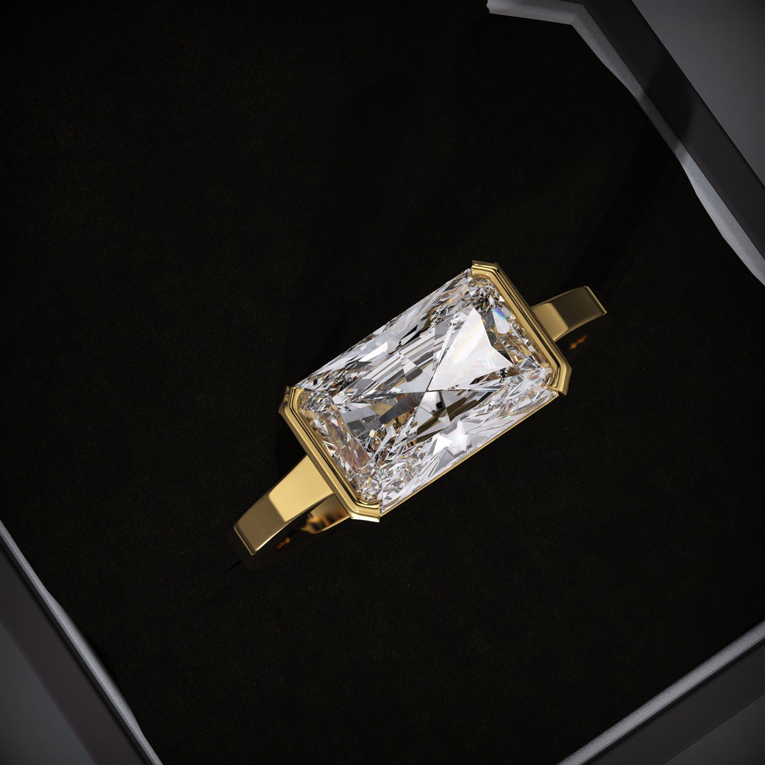 east west radiant diamond ring
lab grown diamond engagement ring
14k yellow gold ring
radiant cut engagement ring
east west engagement ring