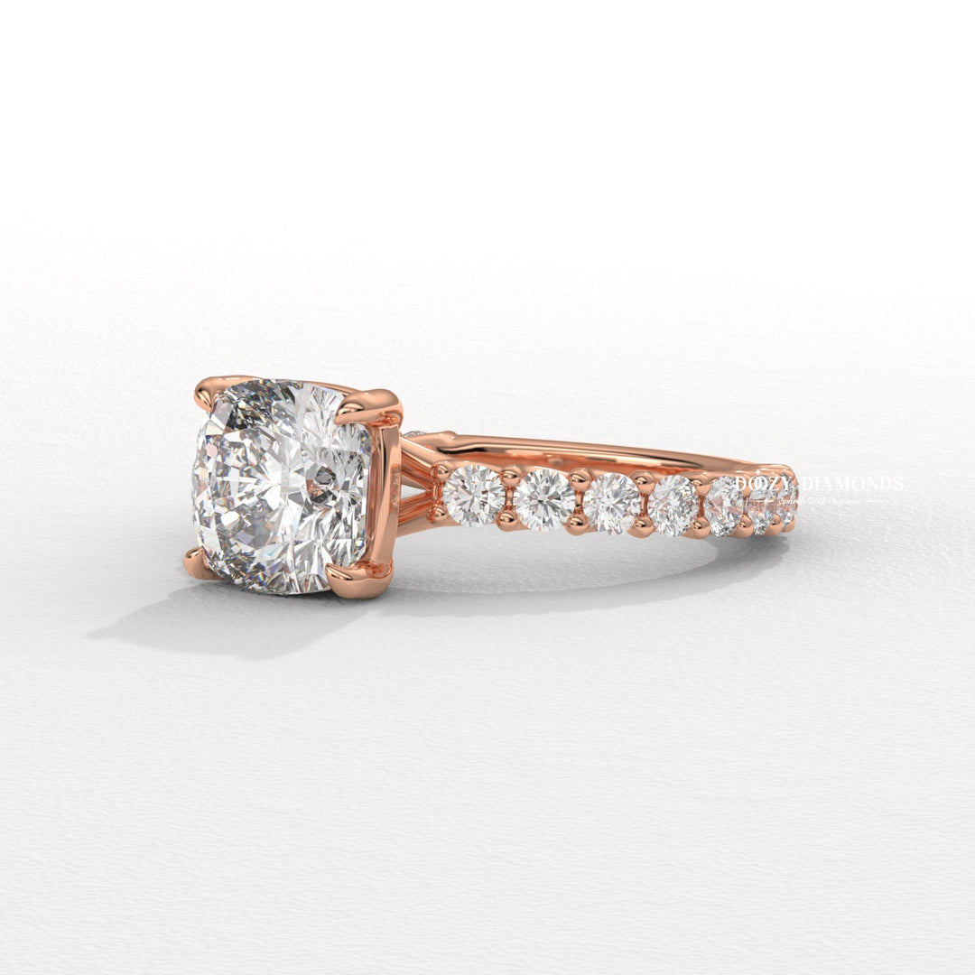 yellow gold engagement ring, rose gold engagement ring, gold bridal ring, luxury cushion ring, vintage style engagement ring, modern bridal ring, classic bridal jewelry, cushion diamond solitaire, solitaire engagement ring, micro pave diamond ring, french pave ring