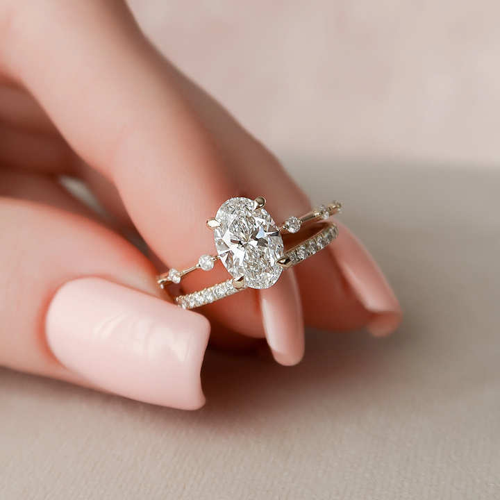 2.05tcw Oval Cut Moissanite Halo Eternity Bridal Engagement Ring Set