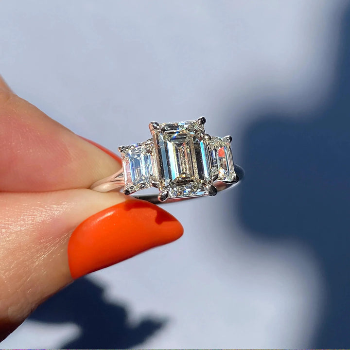 1.91CT Emerald Cut Three Stone Moissanite Engagement Ring