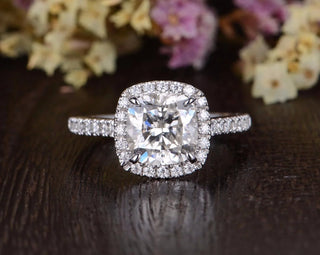 1.0CT Cushion Cut Halo Moissanite Engagement Ring