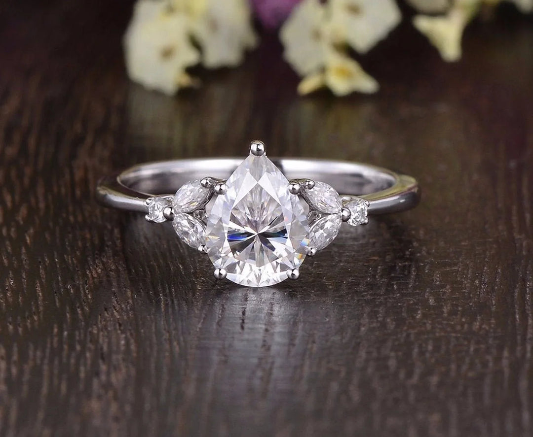 0.75CT Pear Cluster Moissanite Engagement Ring