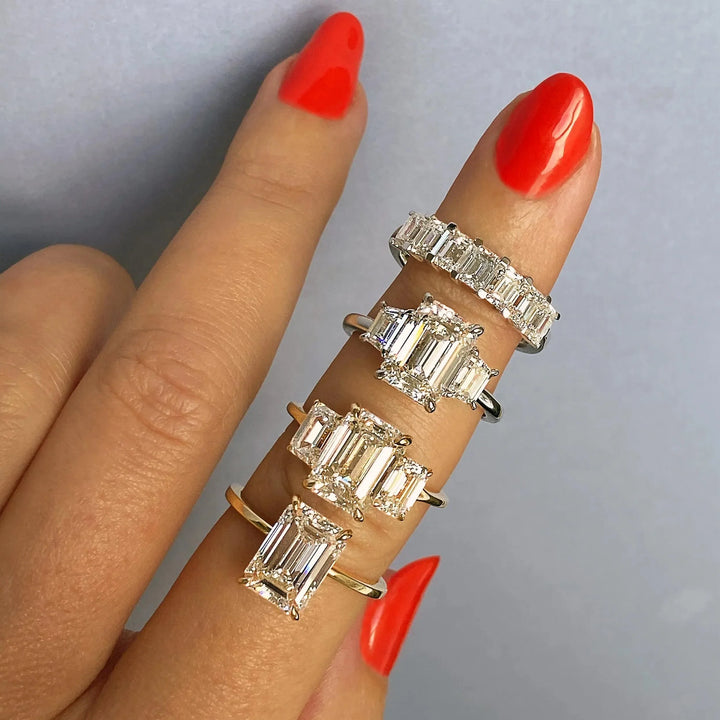 1.91CT Emerald Cut Three Stone Moissanite Engagement Ring