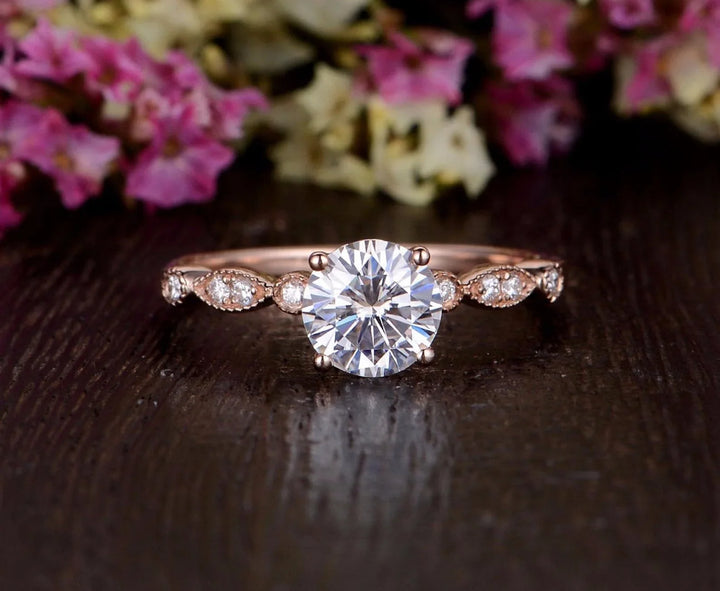 1.35CT Round Cut Solitaire Pave Setting Moissanite Engagement Ring