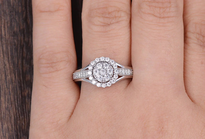 1.0CT Round Cut Halo Pave Moissanite Engagement Ring