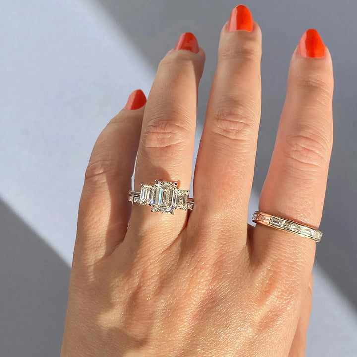 1.91CT Emerald Cut Three Stone Moissanite Engagement Ring