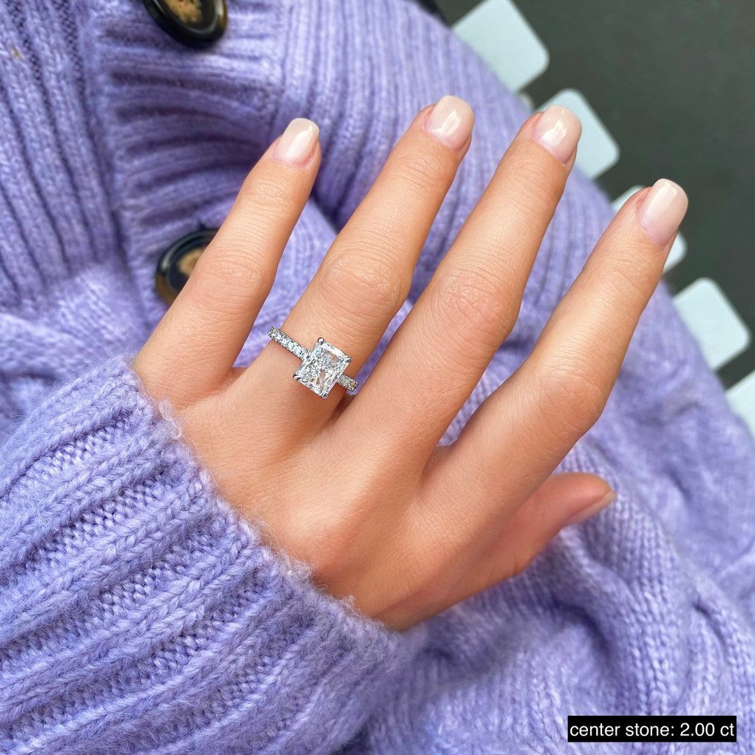 2ct radiant F VS1 lab grown diamond pave engagement ring