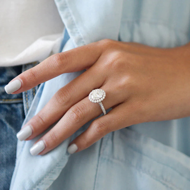 1.5 CT Oval Halo Pave Moissanite Diamond Engagement Ring