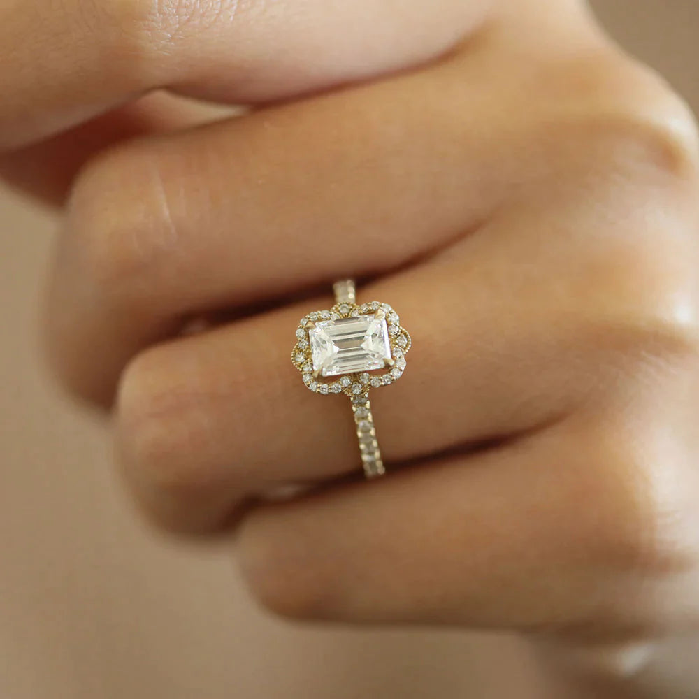 1.55CT Emerald Halo Pave Moissanite Diamond Engagement Ring