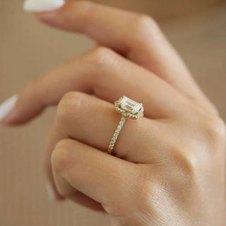 1.55CT Emerald Halo Pave Moissanite Diamond Engagement Ring