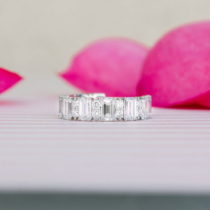 2.5mm Emerald Cut & Round Moissanite 3/4Eternity Wedding Band