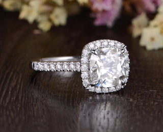 1.0CT Cushion Cut Halo Moissanite Engagement Ring