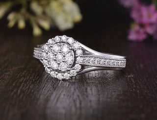 1.0CT Round Cut Halo Pave Moissanite Engagement Ring