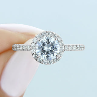 1.0CT Round Cut Halo Moissanite Engagement Ring in 18K White Gold