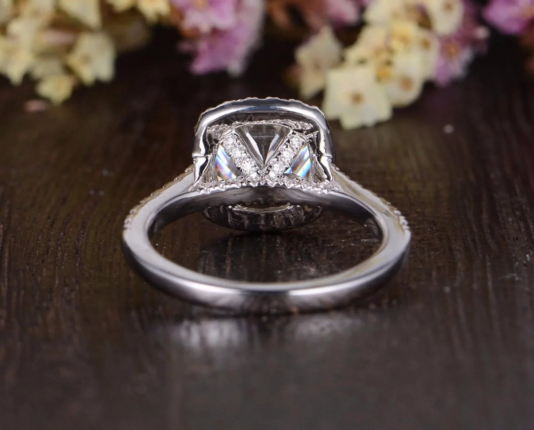 1.0CT Cushion Cut Halo Moissanite Engagement Ring