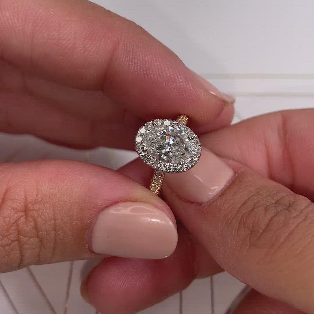1.50ct Oval Cut Halo 3 Side Pave Moissanite Diamond Engagement Ring