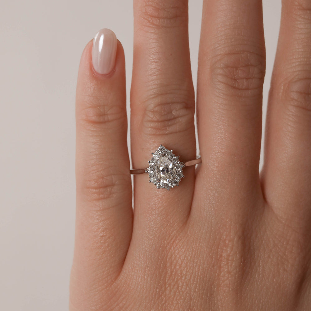 0.75CT Pear Moissanite Diamond Halo Engagement Ring