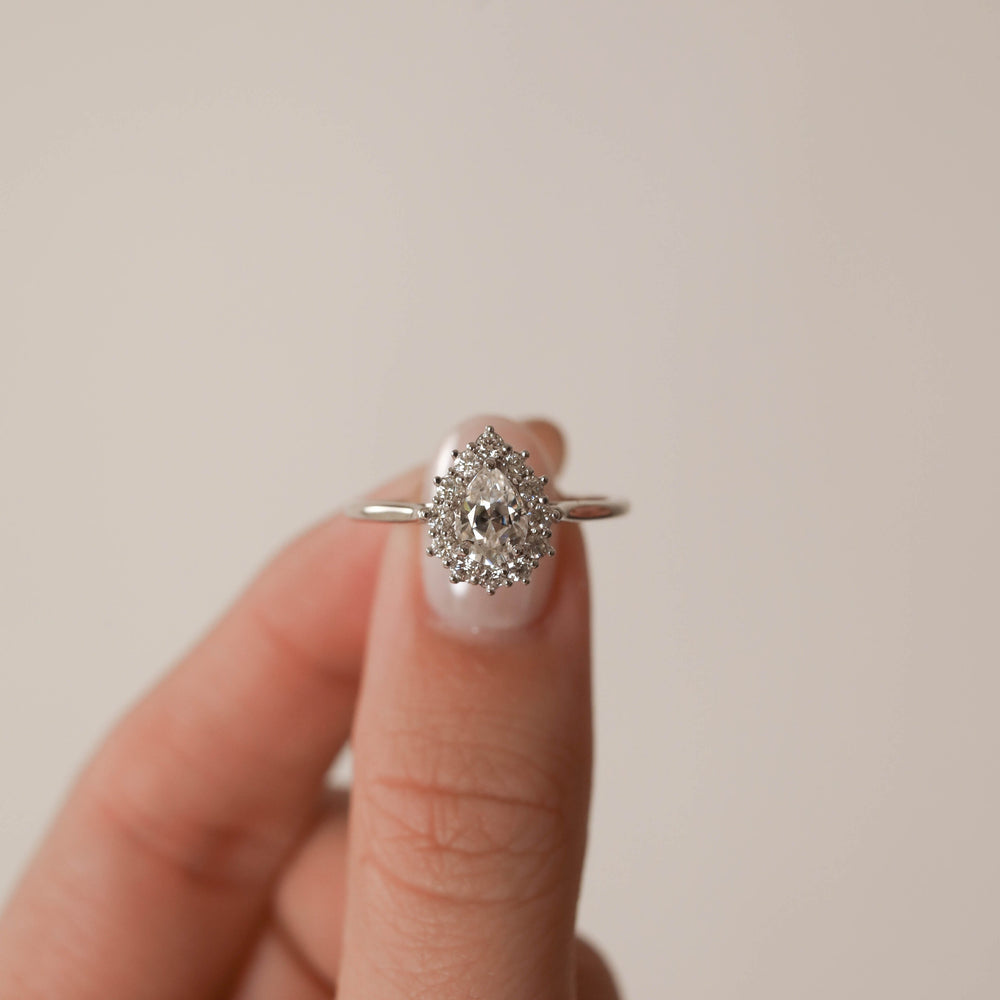 0.75CT Pear Moissanite Diamond Halo Engagement Ring