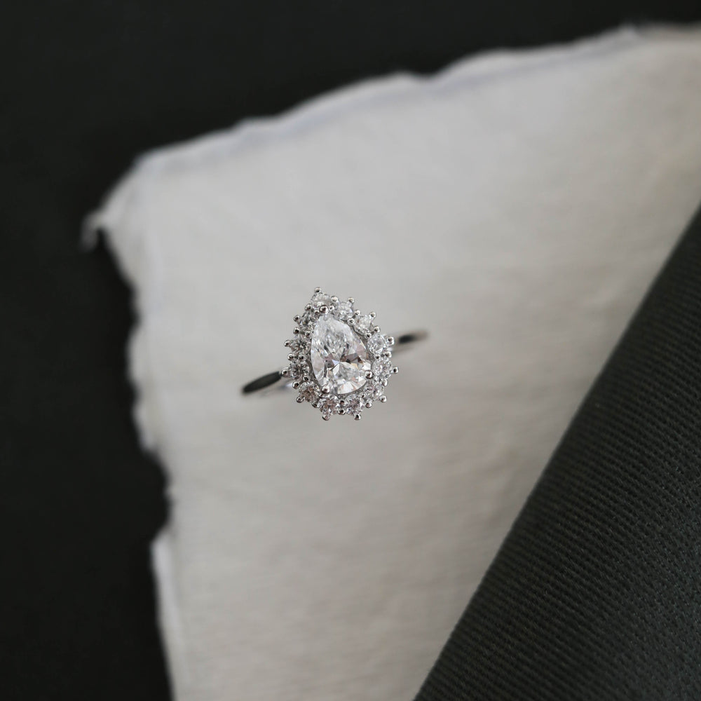 0.75CT Pear Moissanite Diamond Halo Engagement Ring