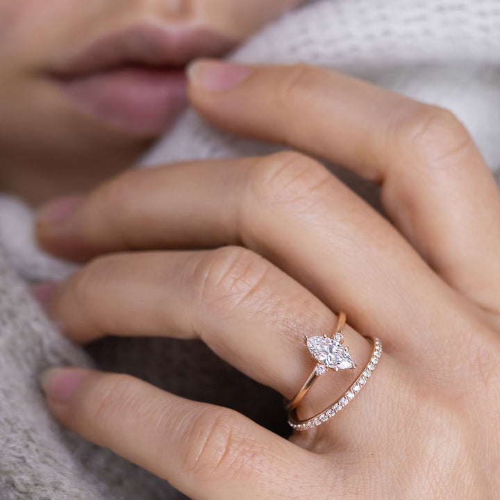 1.0CT Marquise Cut Moissanite Three Stone Engagement Ring in 14K Rose Gold