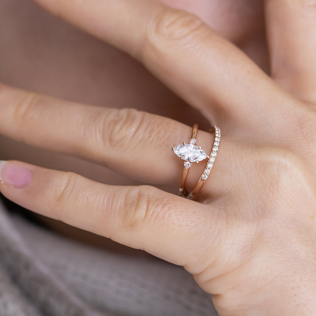 1.0CT Marquise Cut Moissanite Three Stone Engagement Ring in 14K Rose Gold