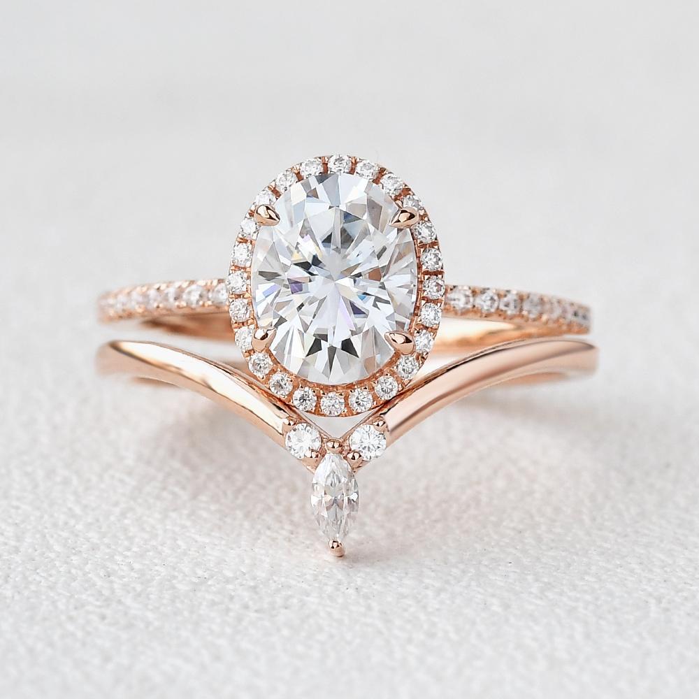3.05tcw Oval Moissanite Halo Engagement Ring with Curved Stacking Band