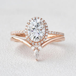 3.05tcw Oval Moissanite Halo Engagement Ring with Curved Stacking Band