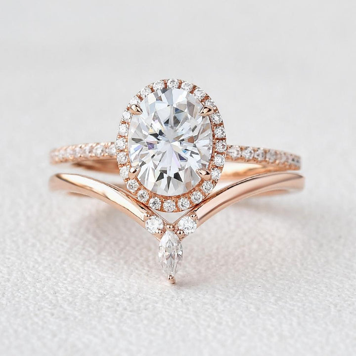 3.05tcw Oval Moissanite Halo Engagement Ring with Curved Stacking Band