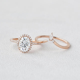 3.05tcw Oval Moissanite Halo Engagement Ring with Curved Stacking Band