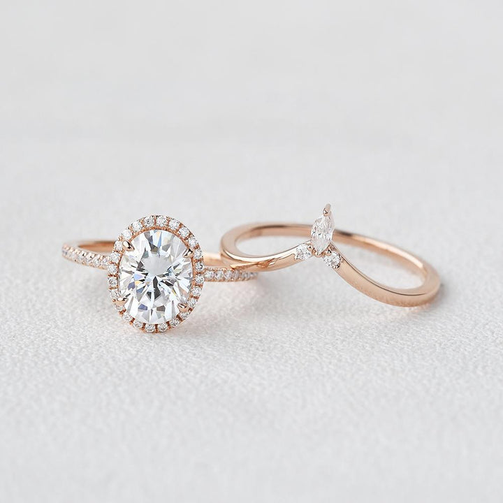 3.05tcw Oval Moissanite Halo Engagement Ring with Curved Stacking Band