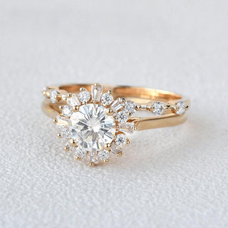 1.75tcw Round Moissanite Vintage Halo Floral Style Bridal Ring Set