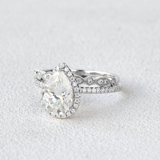 2.27tcw Pear Cut Moissanite Halo Engagement Ring with Vintage Style Wedding Band