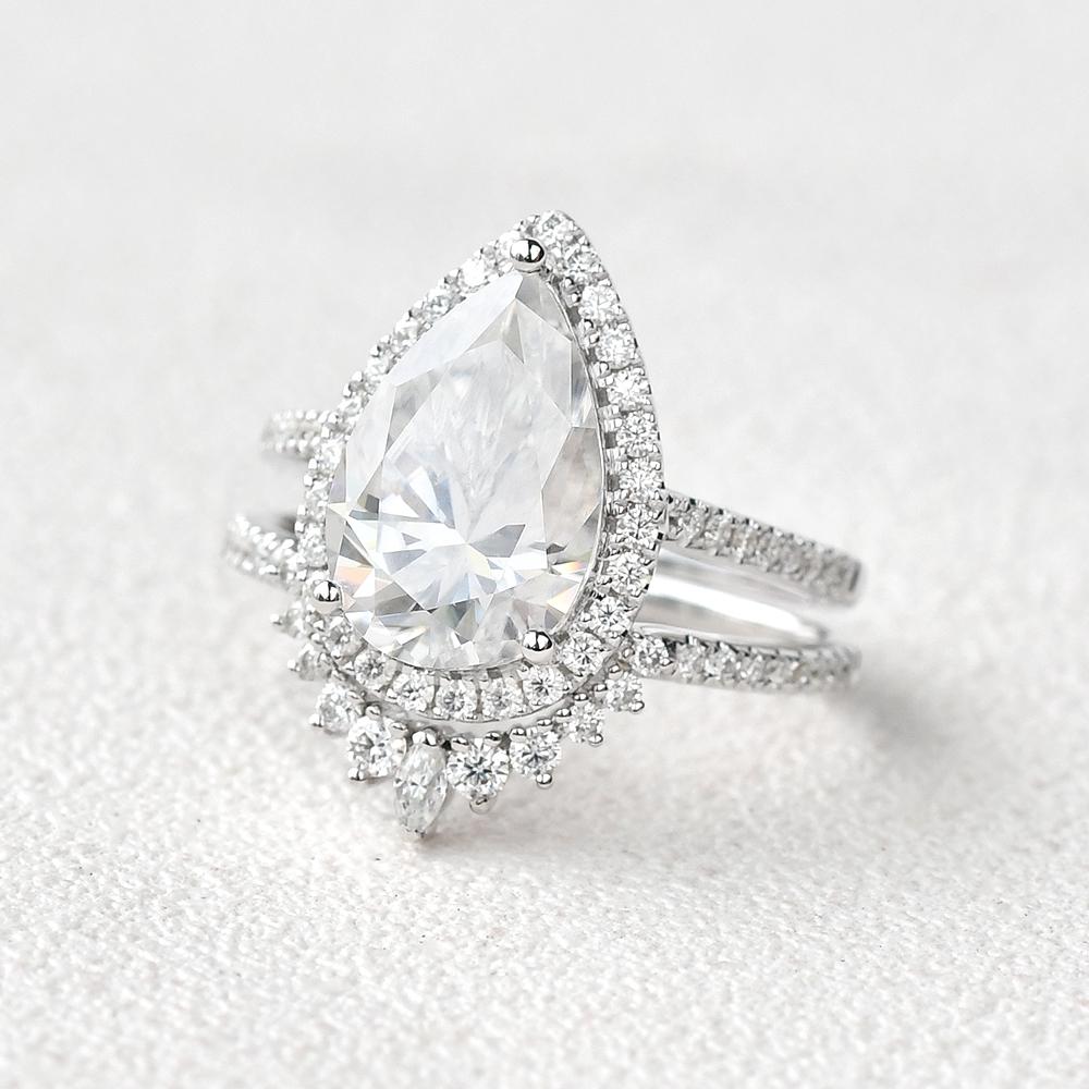 4.25tcw Pear Cut Moissanite Halo Engagement Ring with Curved Stacking Band