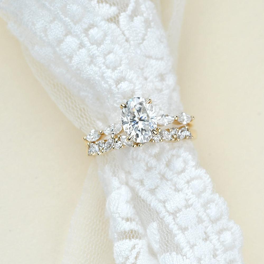 2.05tcw Oval Cut Moissanite Cluster Marquise Bridal Ring Set