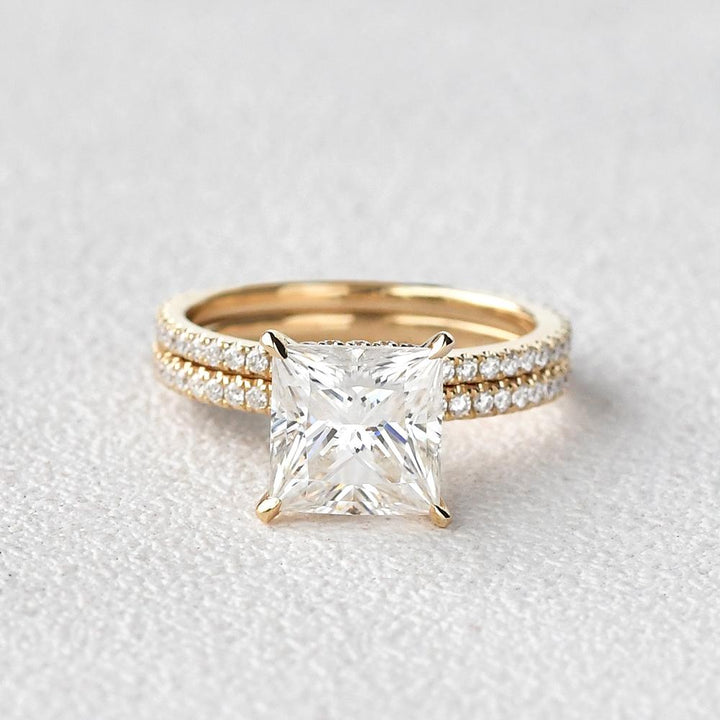 2.64tcw Princess Cut Moissanite Hidden Halo Engagement Ring with Full Eternity Wedding Band