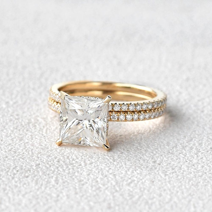 2.64tcw Princess Cut Moissanite Hidden Halo Engagement Ring with Full Eternity Wedding Band
