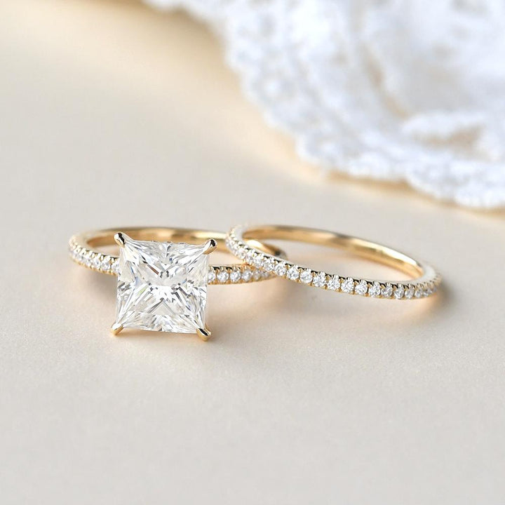 2.64tcw Princess Cut Moissanite Hidden Halo Engagement Ring with Full Eternity Wedding Band