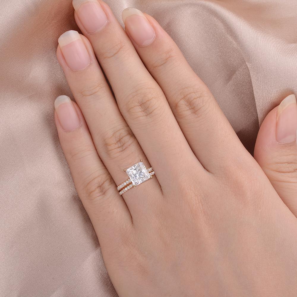 2.64tcw Princess Cut Moissanite Hidden Halo Engagement Ring with Full Eternity Wedding Band