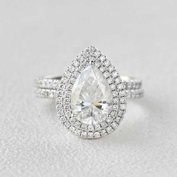 3.12tcw Pear Cut Moissanite Double Halo Full Eternity Wedding Band