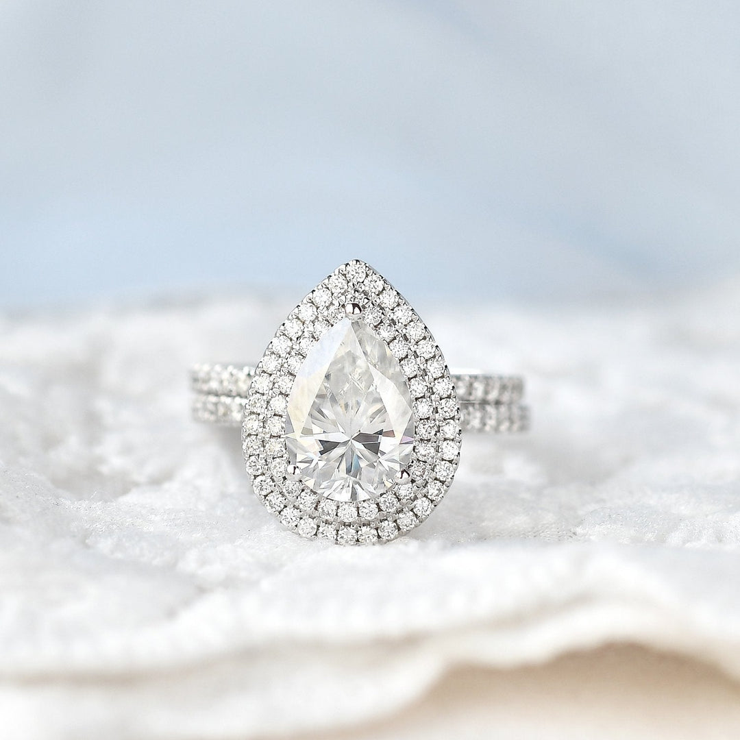 3.12tcw Pear Cut Moissanite Double Halo Full Eternity Wedding Band